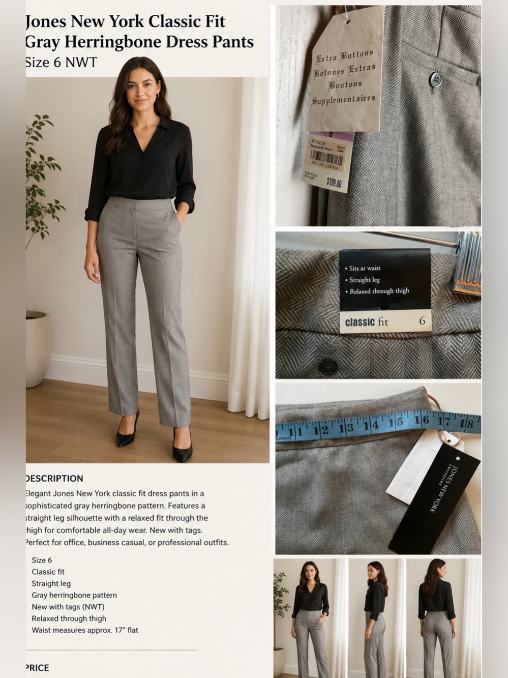 Jones New York Classic Fit Gray Herringbone Dress Pants Size 6 NWT